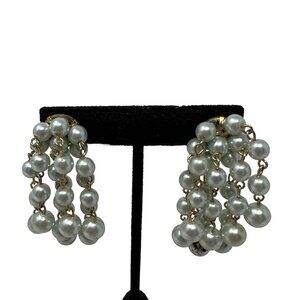 Faux Pearl Earrings Light Green Gold Tone Cluster Drop‎ Pierced